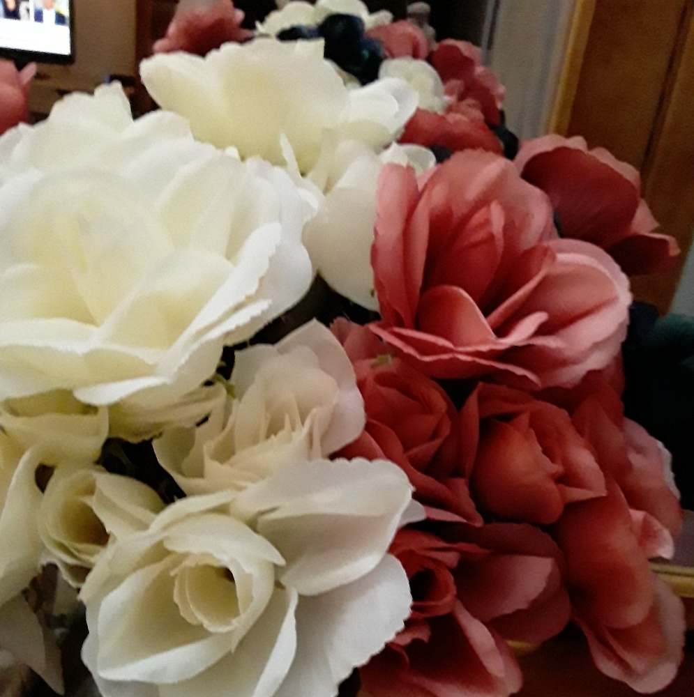 Faux Florals Roses Pink Midnight Blue Ivory
